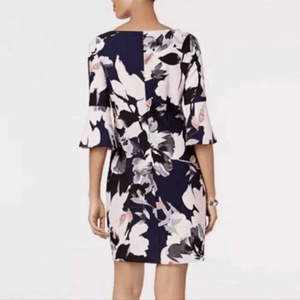 Vince Camuto Navy Blue and Pink Floral Print Bell Sleeve Spring Summer Dress 10 - Picture 8 of 15